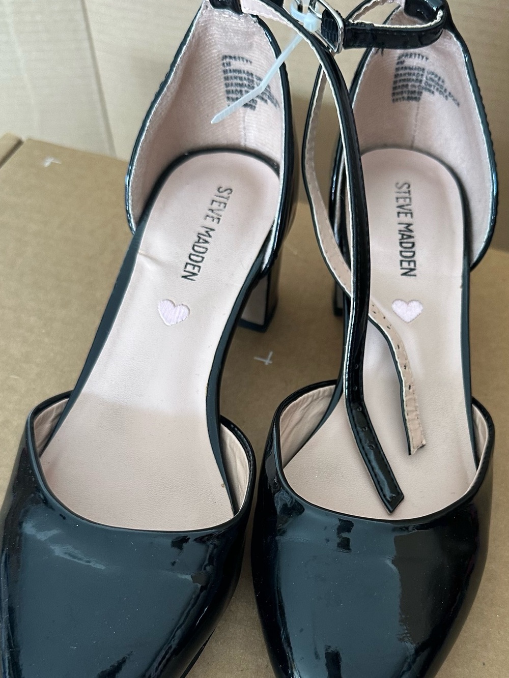 Steve Madden Black Patent Ankle Strap Mid Block Heels